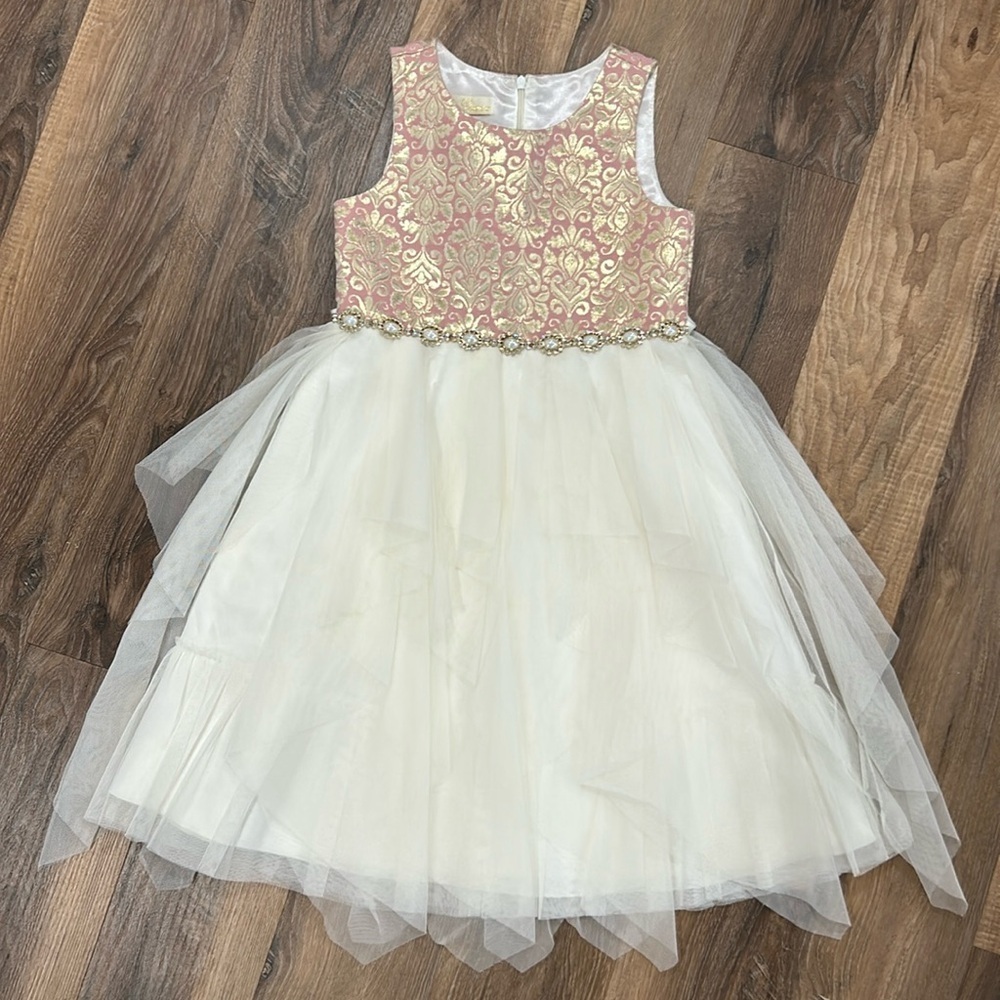 American Princess Pearls and Tulle Sparkle Fancy Dress Size 7 Pink/Cream/Gold